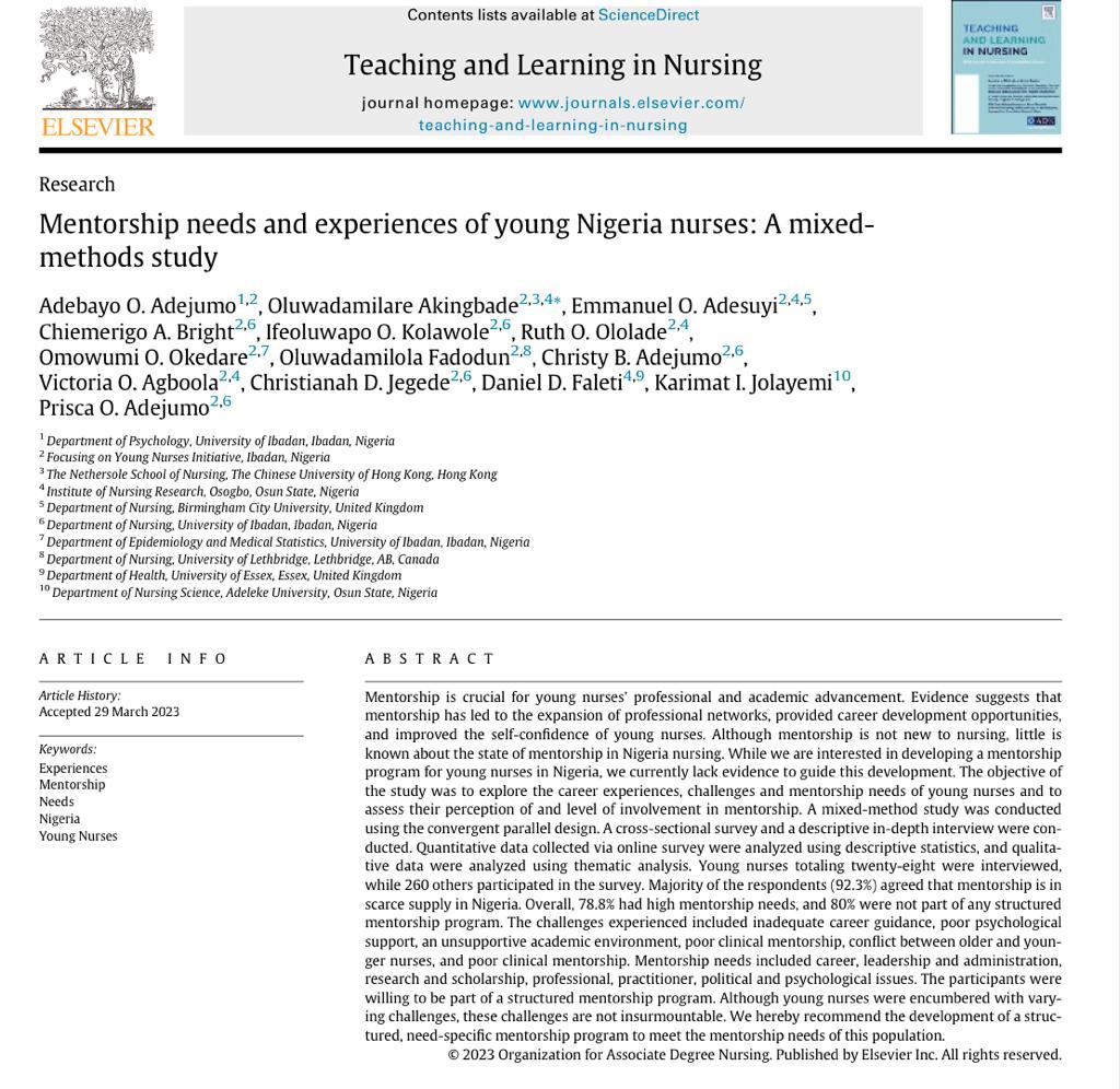 mentorship needs and experiences of young Nigeria nurses screenshot of title, authors and abstract